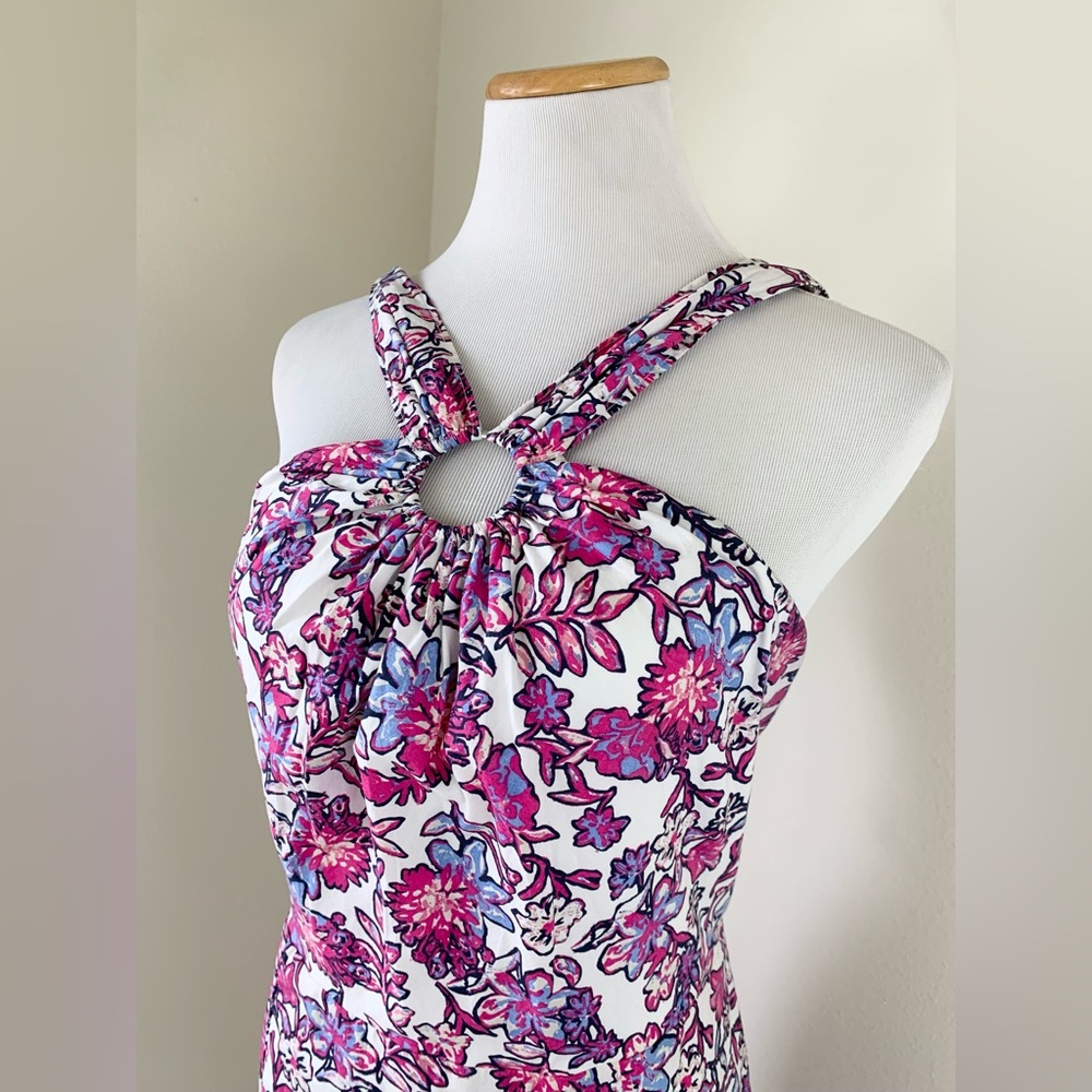 French Connection Fontini Cotton Ring-Halter Purple Floral Midi Dress - Picture 3 of 11